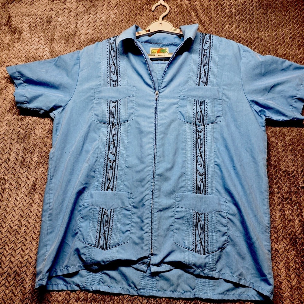 Haband Guayabera Shirt‎ Men's L Blue Embroidered Zip Front Cuban Short Sleeve
